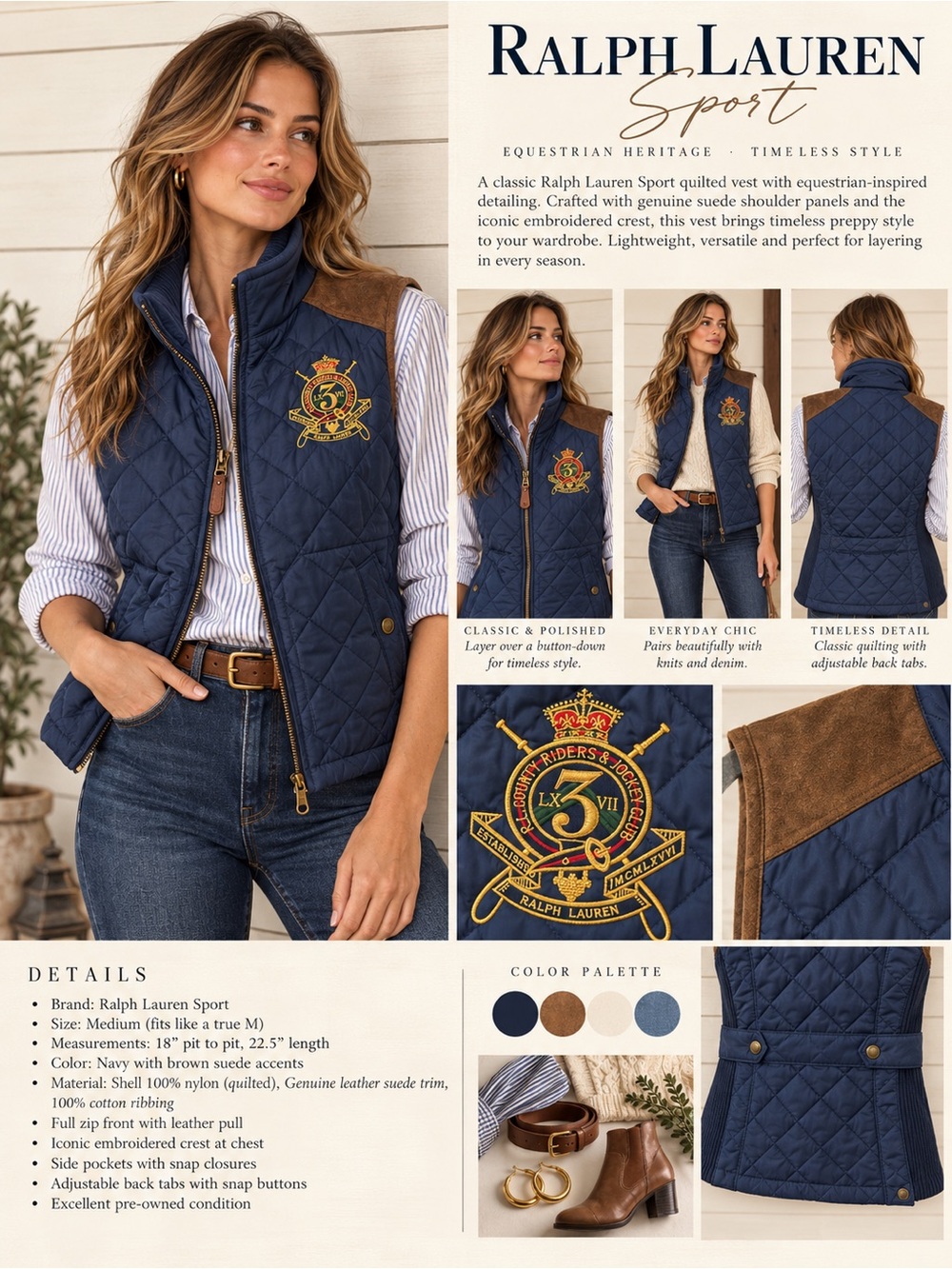 Ralph Lauren Sport Quilted Vest Medium Genuine Suede Equestrian Preppy - Picture 3 of 12